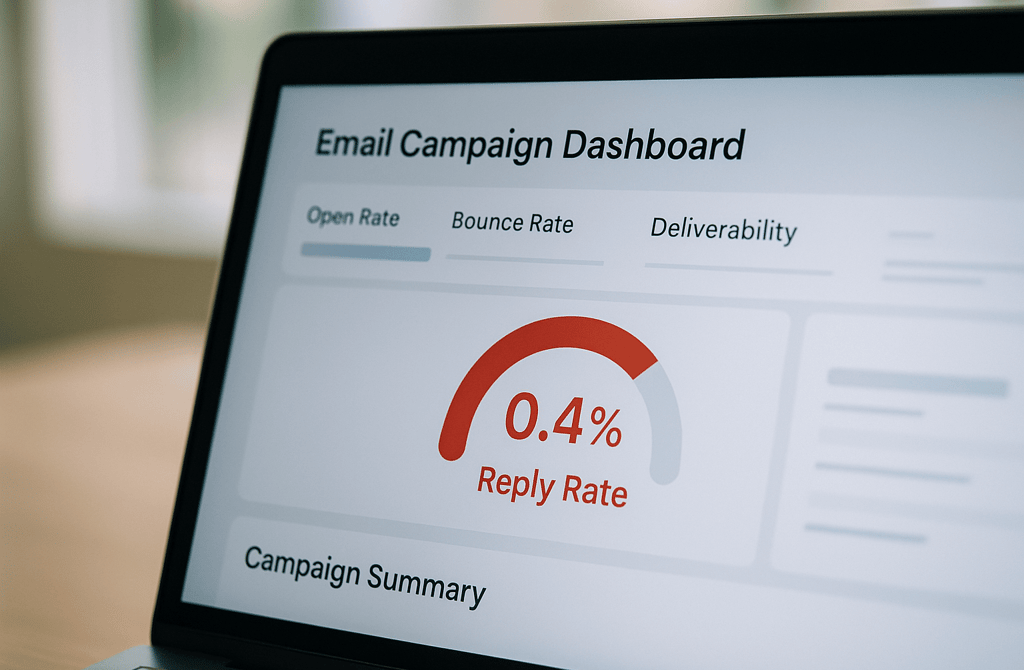 Close-up of a laptop screen showing a red 0.4% reply rate on an email campaign dashboard.