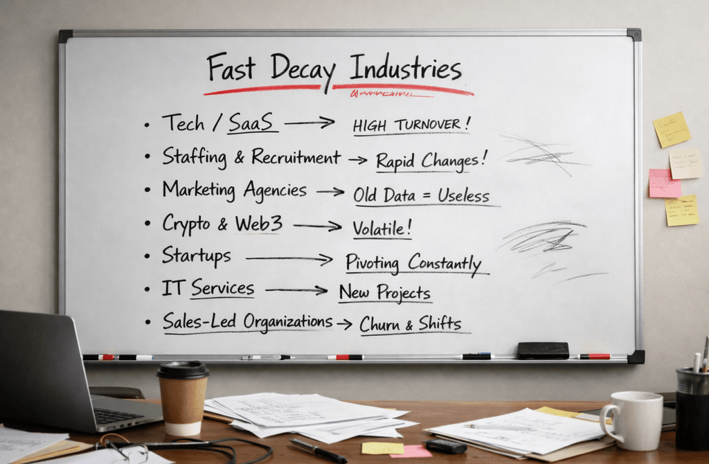 Whiteboard listing fast-decay industries in a messy office