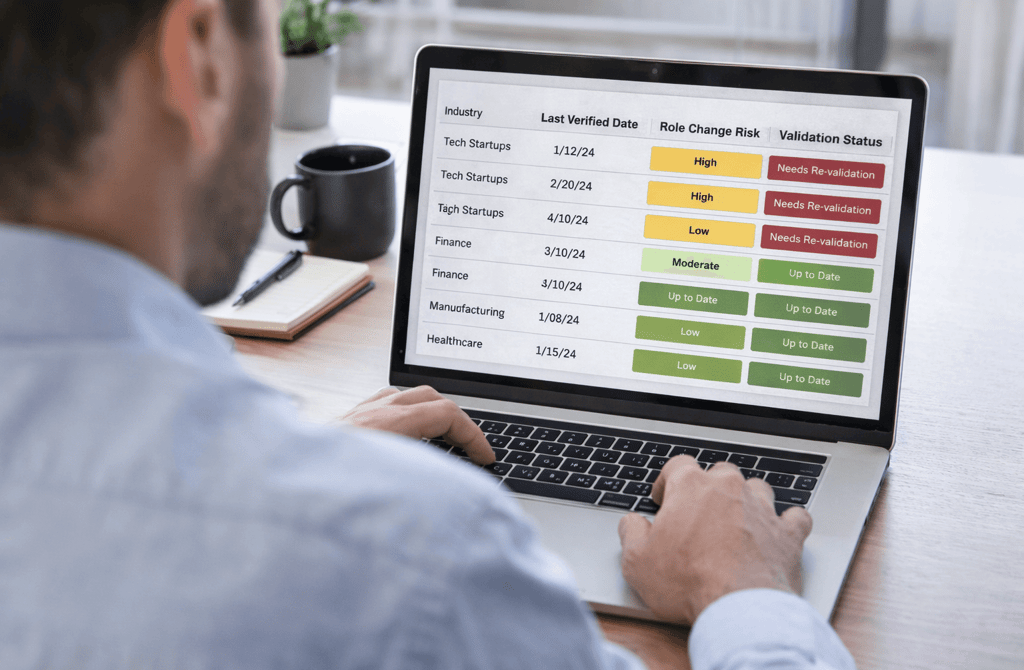 analyst reviewing lead validation status on laptop spreadsheet