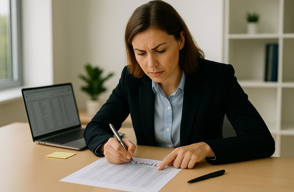 Female founder auditing a B2B lead list for accuracy in a modern office