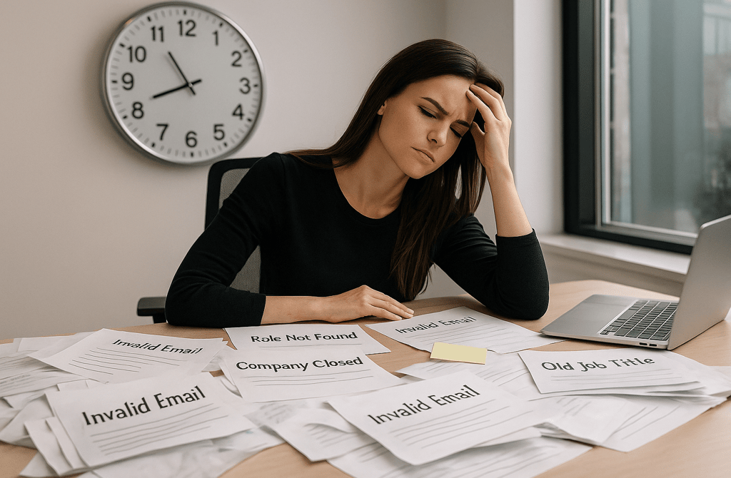 Female founder looking frustrated at piles of prospect sheets with errors.