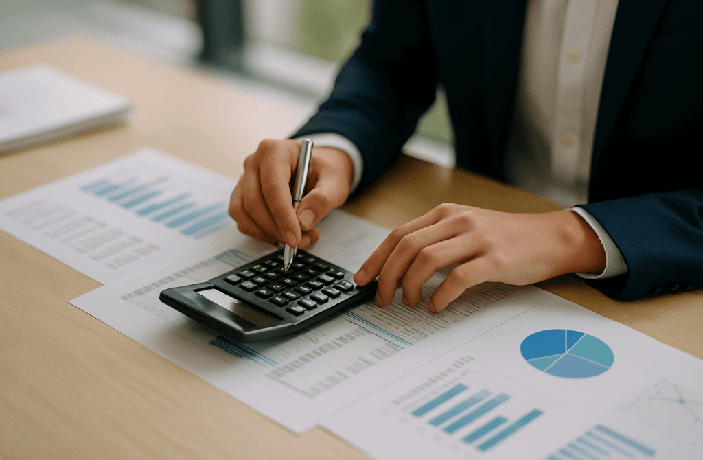 Close-up of hands using a calculator with financial documents on a desk.