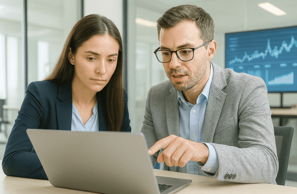 FinTech professionals reviewing data together in a bright modern office