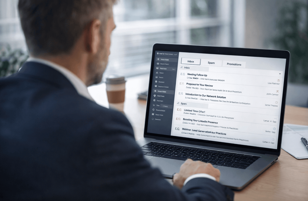 B2B founder reviewing inbox and spam folders on a laptop