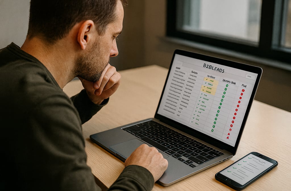 Founder reviewing B2B leads on laptop with verification checks visible