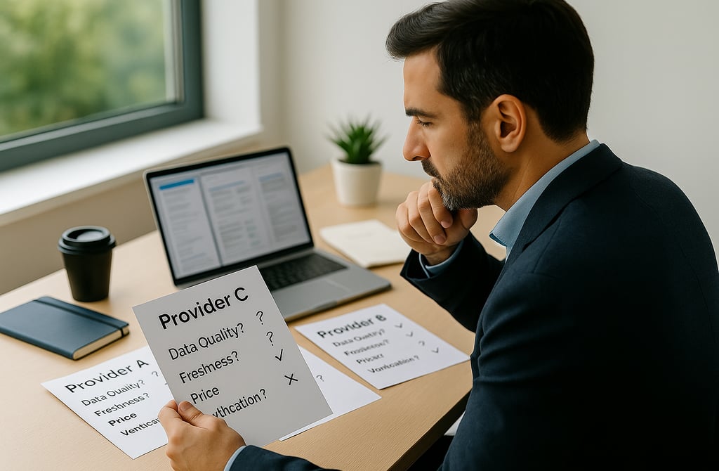Founder comparing different B2B lead provider options on a laptop