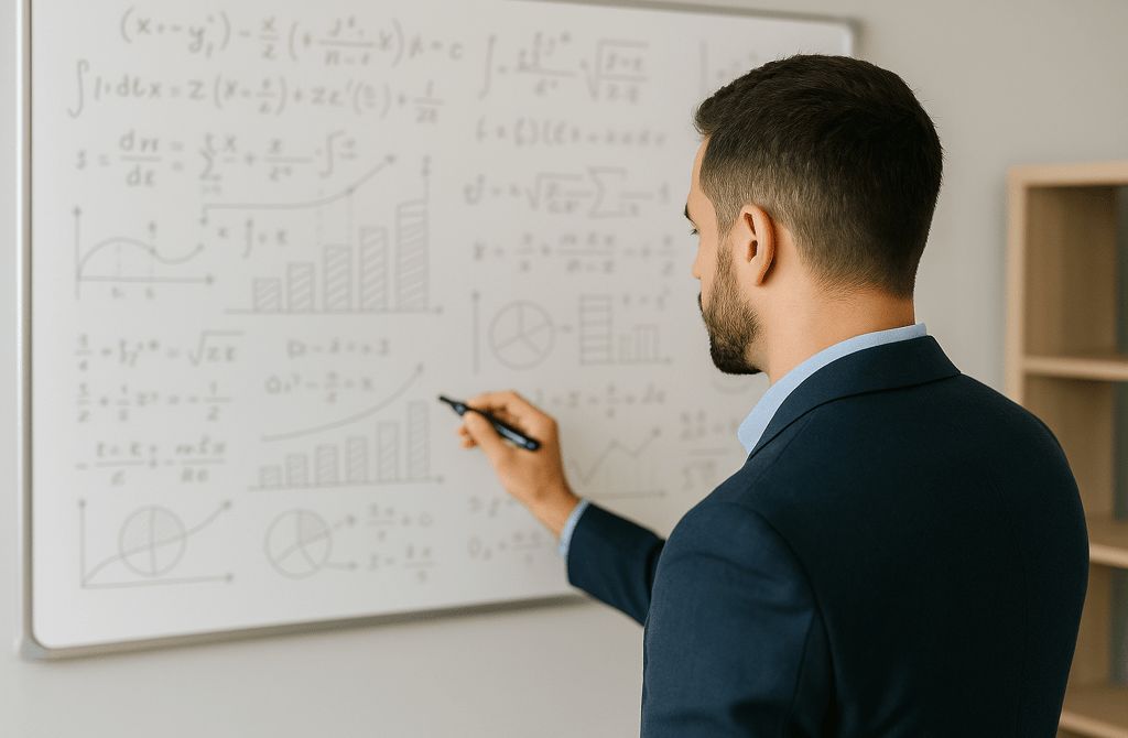 Founder doing calculations on a whiteboard from an over-the-shoulder view.