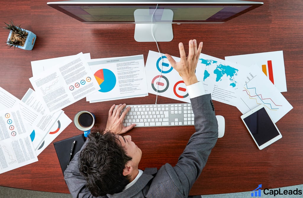 Founder infront of a computer with data sheets scattered on the table