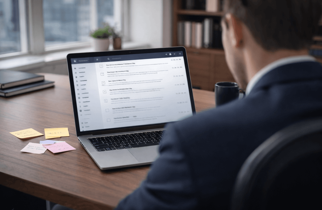 founder reviewing an email inbox with older messages fading to represent outdated contact data