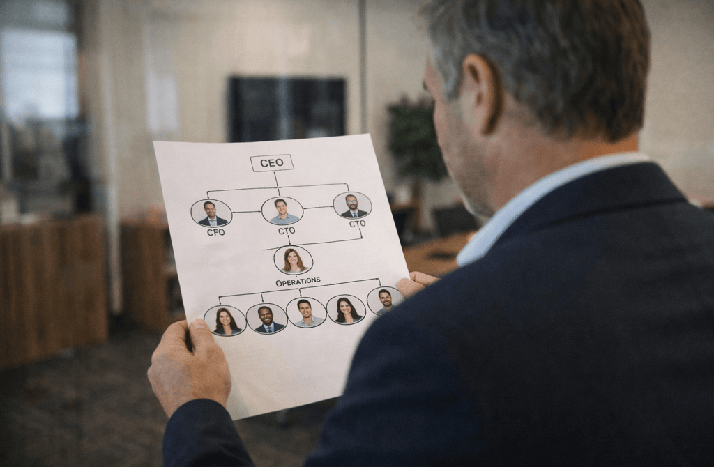 Founder reviewing a printed company organizational chart in a modern office.