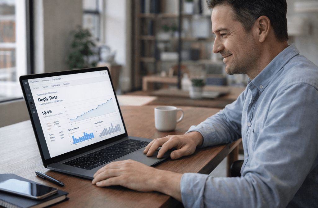 Founder reviewing stable reply rate performance from a clean lead list campaign