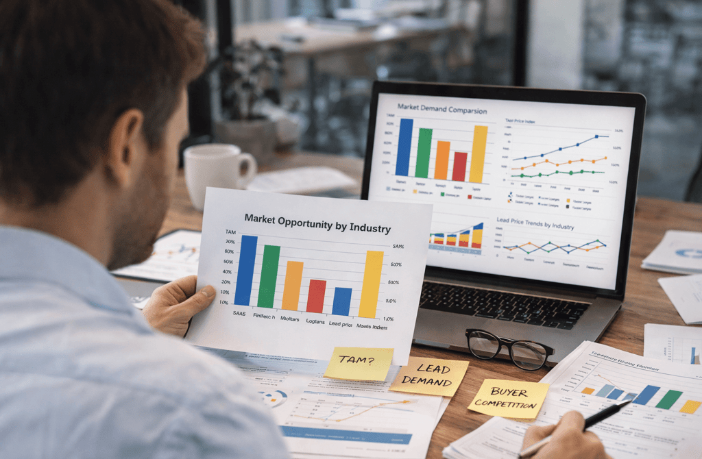 Founder analyzing industry demand and lead pricing charts on laptop