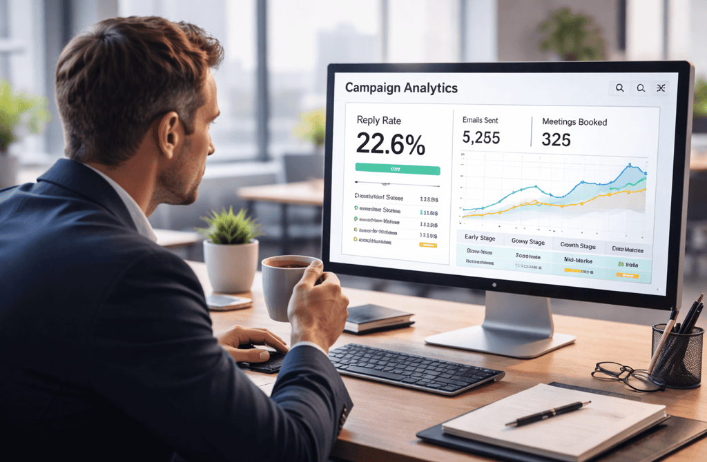 Founder analyzing campaign reply rate on desktop dashboard
