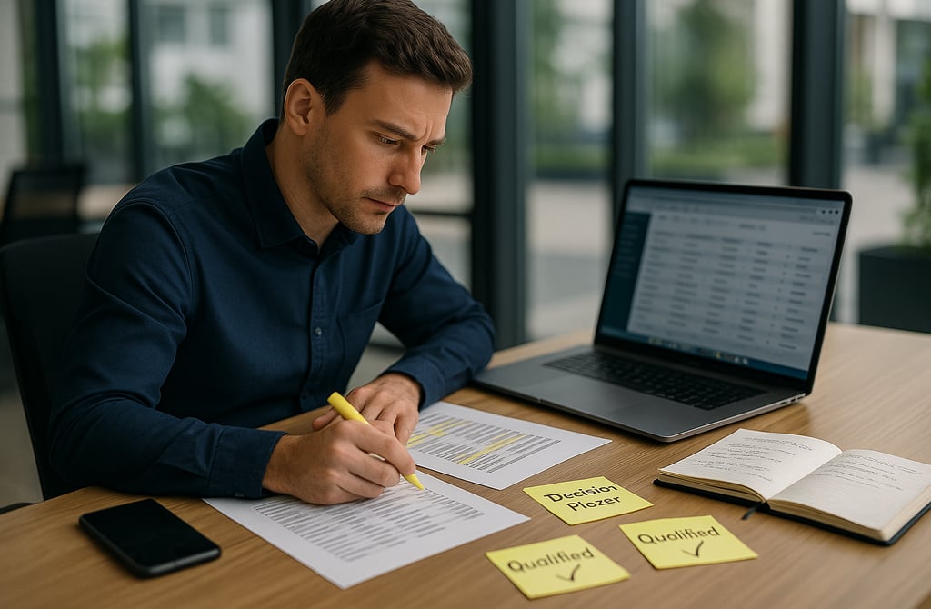 Founder reviewing and highlighting B2B lead lists at a modern office desk