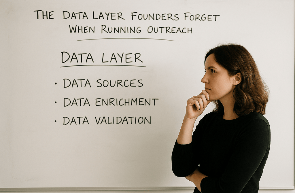 Woman founder thinking in front of a whiteboard with data layer notes