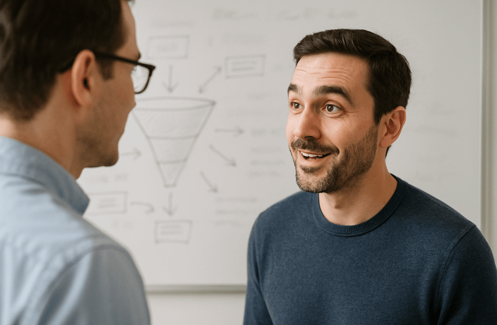 Two founders discussing insights in front of a whiteboard.