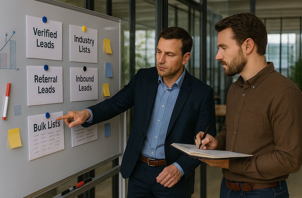 Founders reviewing different B2B lead source options on a whiteboard
