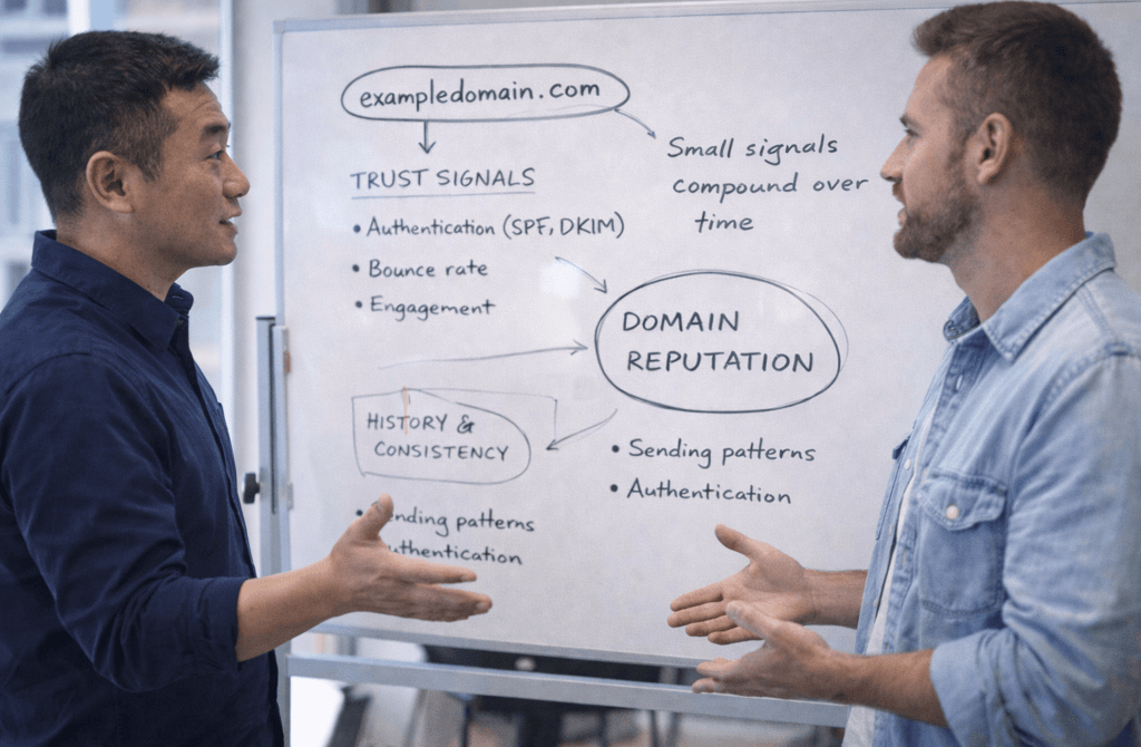 Two founders discussing domain reputation mechanics in front of a small board