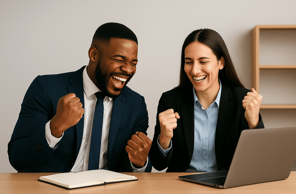 Two founders celebrating outbound wins at a desk