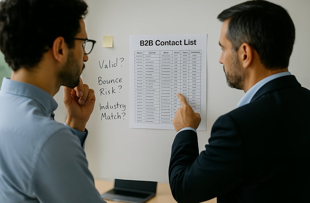 Two founders reviewing a B2B contact list on a whiteboard