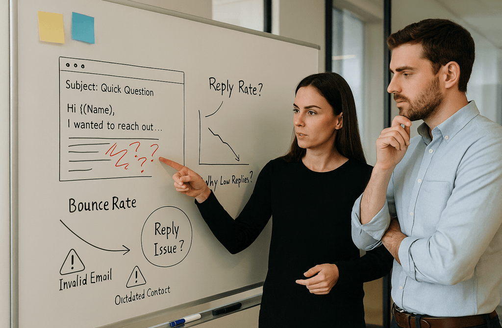 Founders analyzing cold email performance on a whiteboard with reply rate and bounce rate notes.