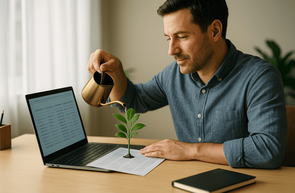 Founder watering a plant growing from lead data to symbolize fresh leads.