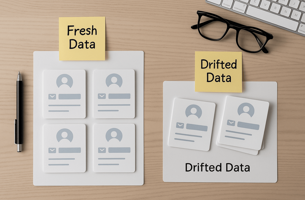Top-down photo of fresh data sheets beside drifted data sheets on a desk.