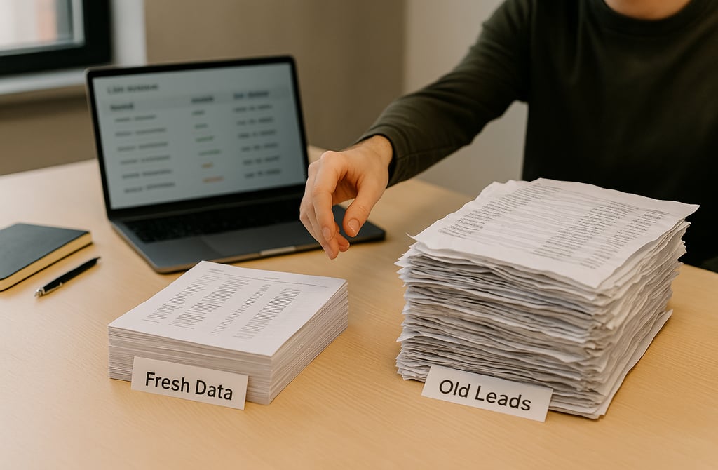 Founder choosing fresh data over a large stack of outdated leads