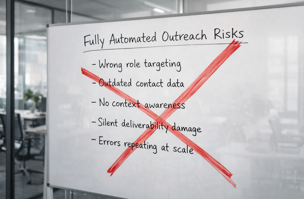 Whiteboard showing automated outreach risks