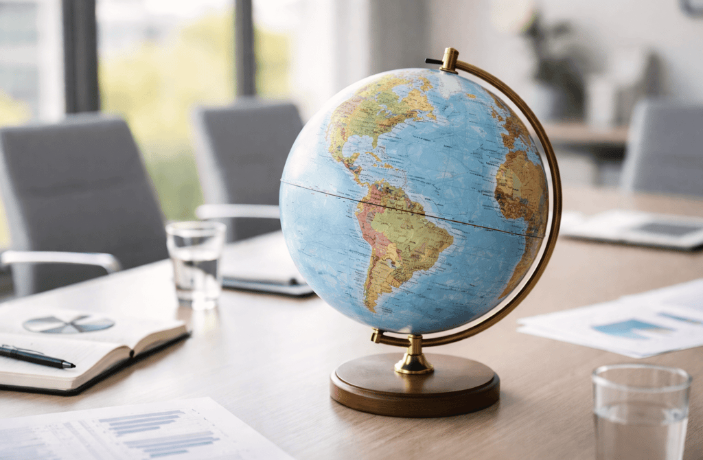 Globe on a meeting room table representing geographic differences in B2B lead reliability