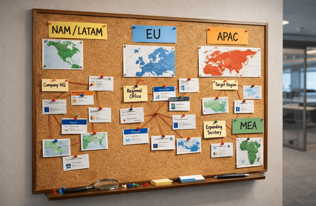 Lead list geographic segmentation pinboard in office showing NAM LATAM EU APAC regions