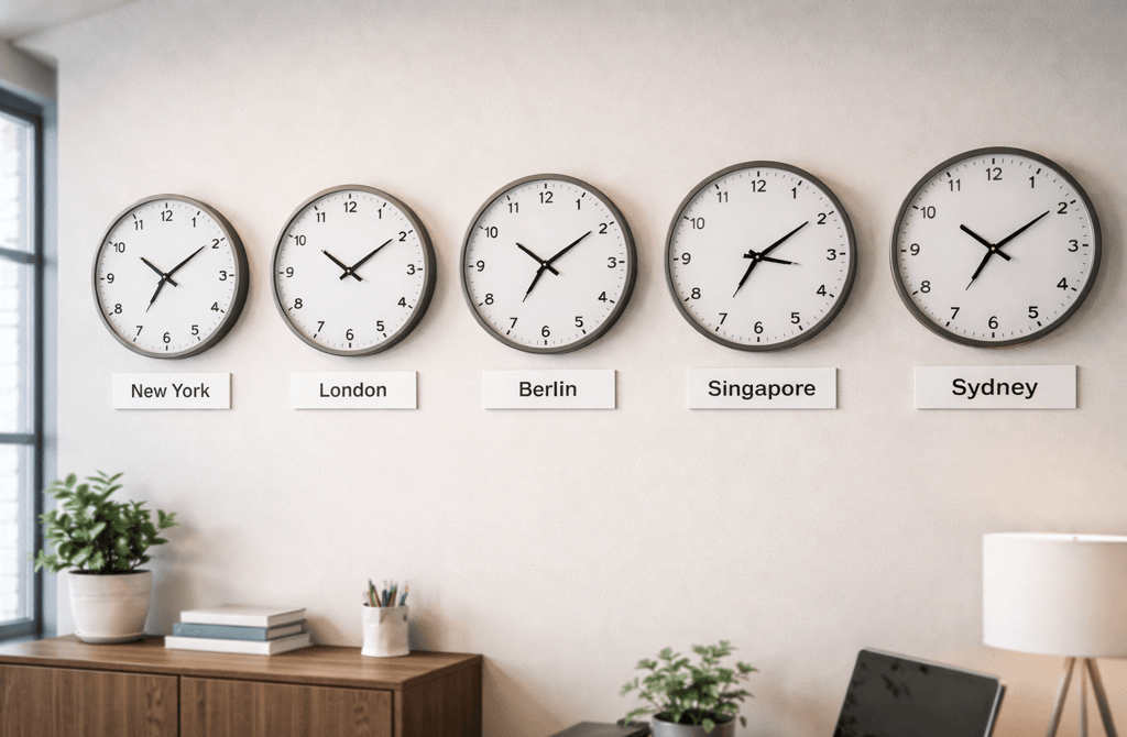 Wall-mounted clocks showing different global time zones to represent reply timing in outbound