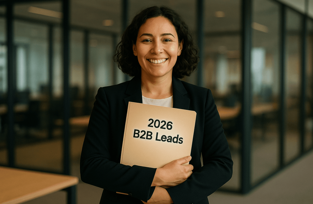 Woman founder happily holding a folder labeled 2026 B2B Leads in a modern office
