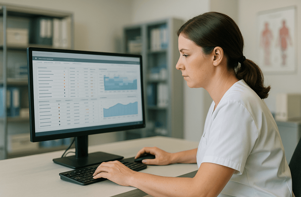 Healthcare administrator reviewing a clinical data dashboard on computer in a modern medical office