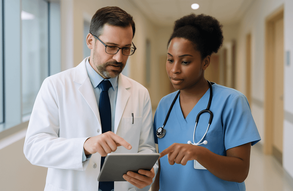 Doctor and nurse reviewing information on a tablet in a hospital hallway