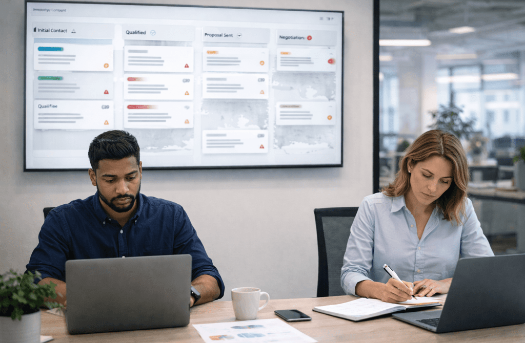 Founders working while hidden pipeline issues appear on CRM dashboard
