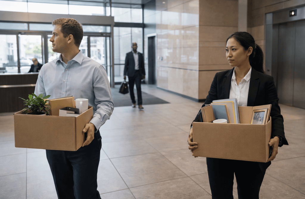 Employees leaving office lobby with boxes