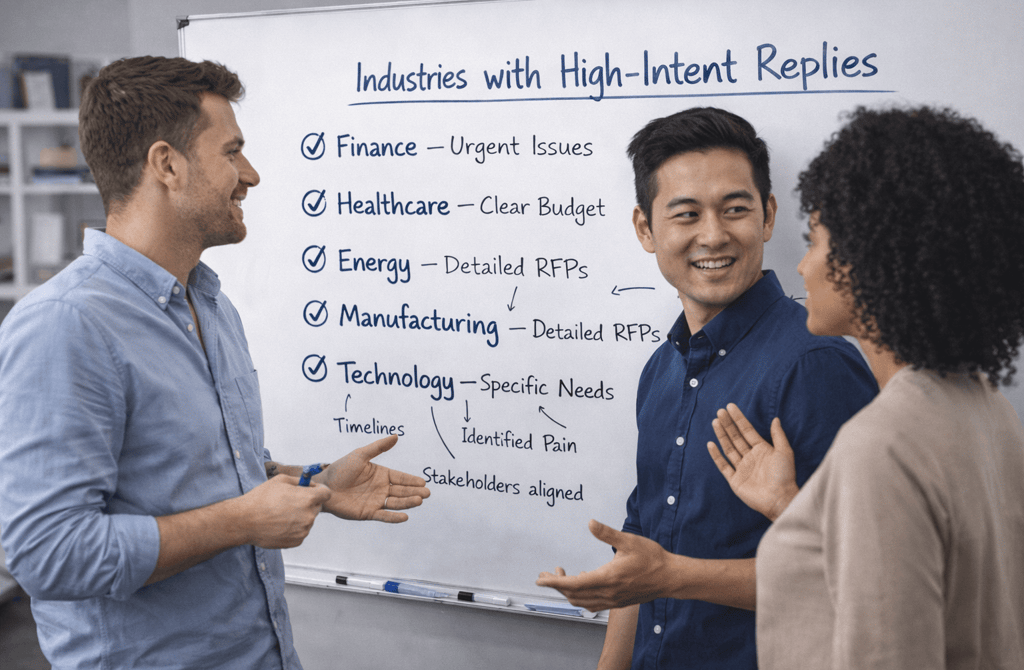 SDR team discussing industries with high-intent replies on a whiteboard