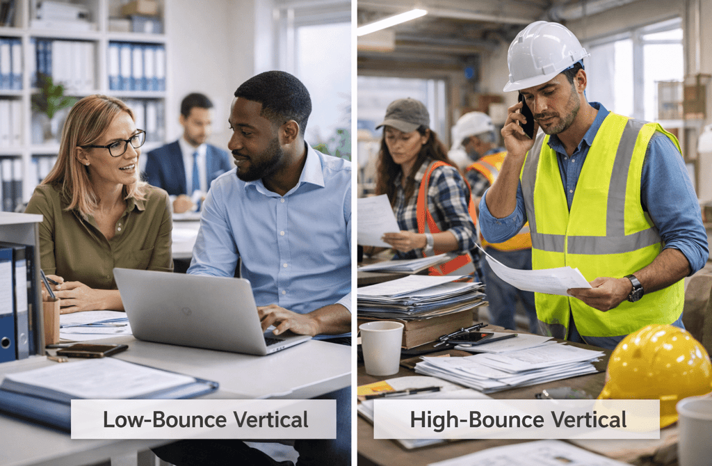 Split-screen showing high-bounce vs low-bounce industry outreach comparison