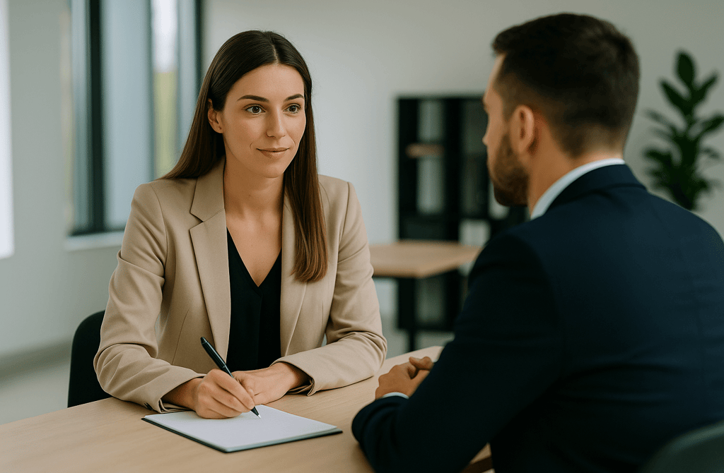 HR interviewer speaking with a job candidate in a modern office.