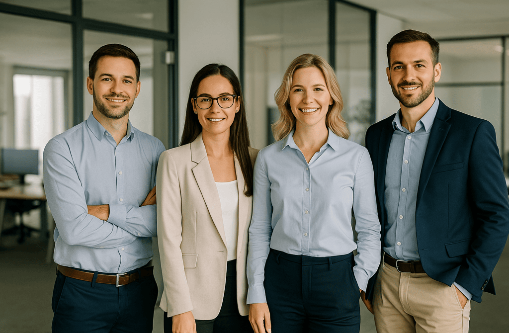 HR team standing together in a modern office environment.