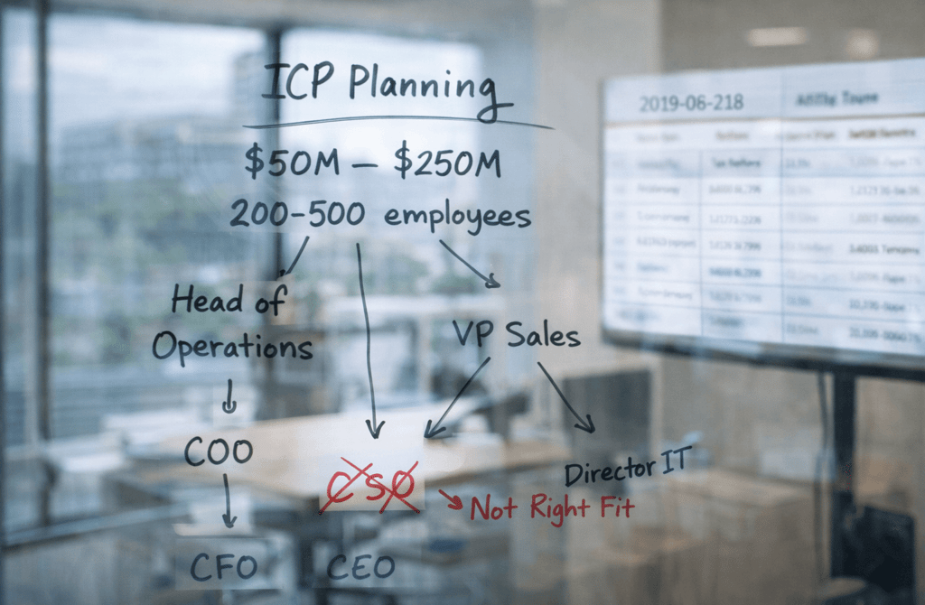 ICP planning notes on glass board with outdated data in background