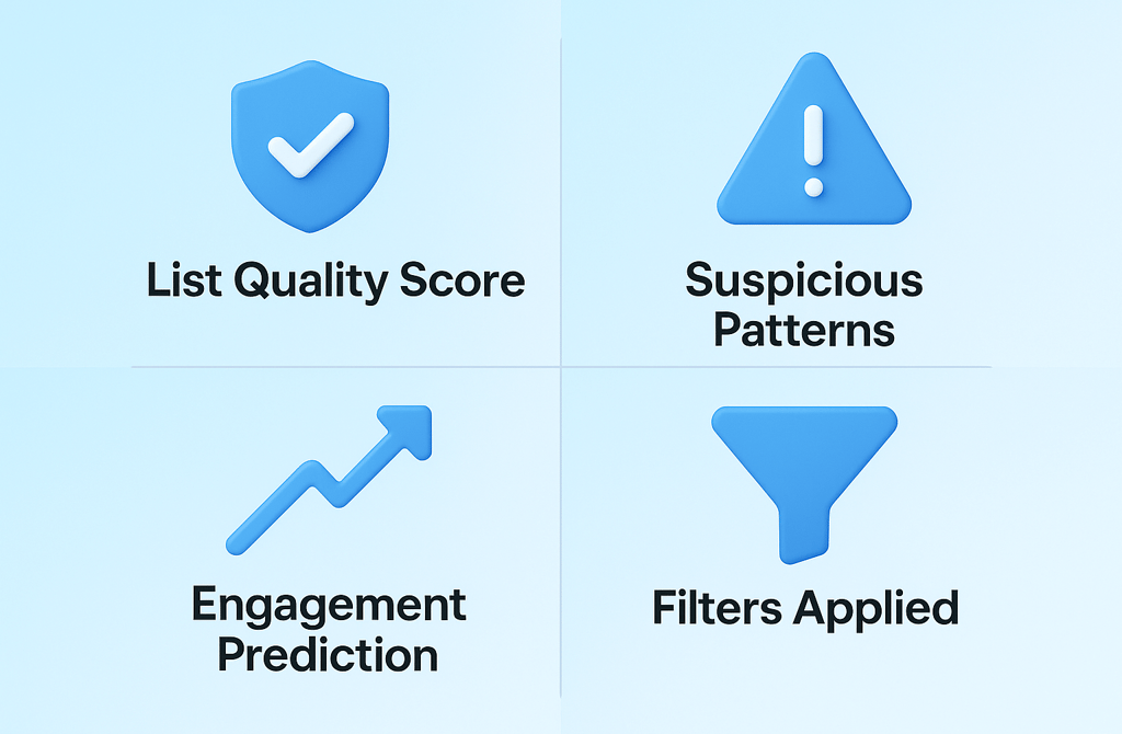 Semi-3D quadrant infographic with list quality, patterns, engagement, and filters.