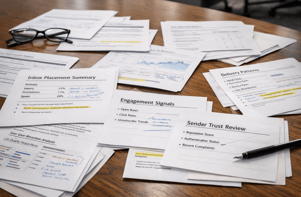 Printed inbox placement reports on an office table