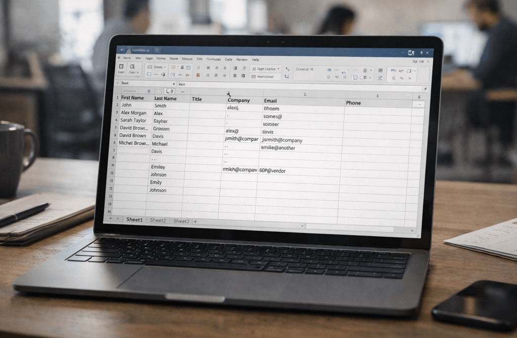 Incomplete B2B lead data in a CSV spreadsheet on a laptop