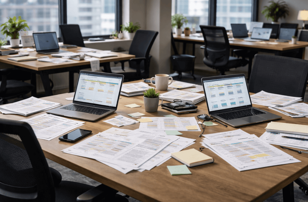 Messy office desks showing operational drag from inconsistent metadata