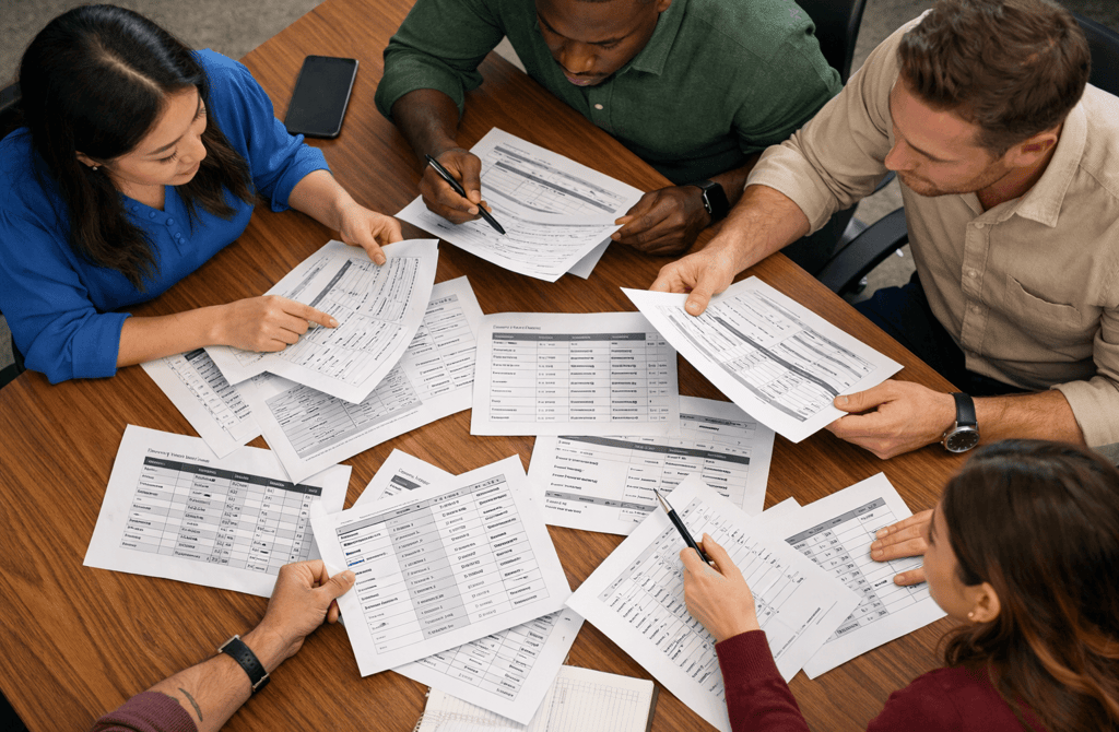 SDR team reviewing printed leads with inconsistent metadata fields