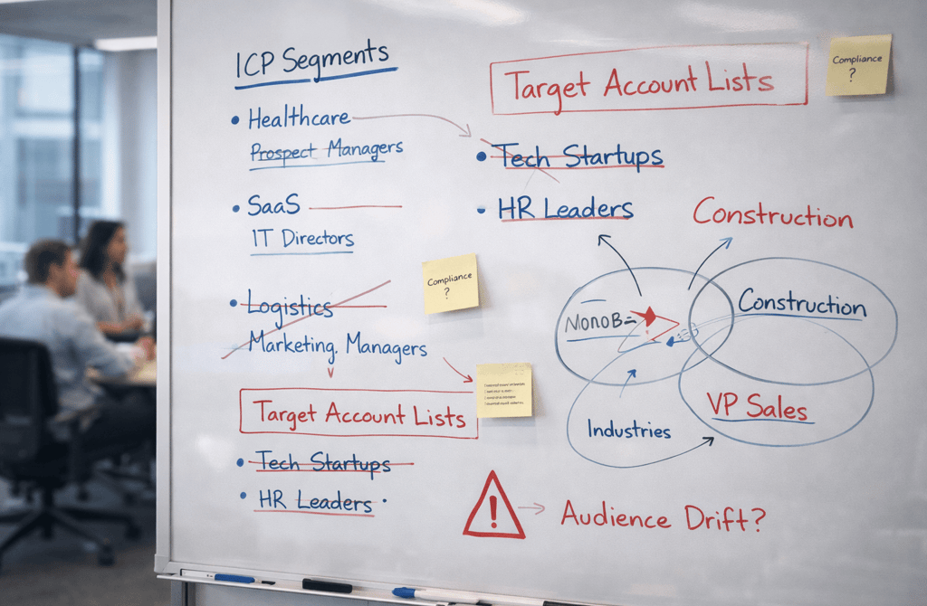Whiteboard showing conflicting ICP segments in an office