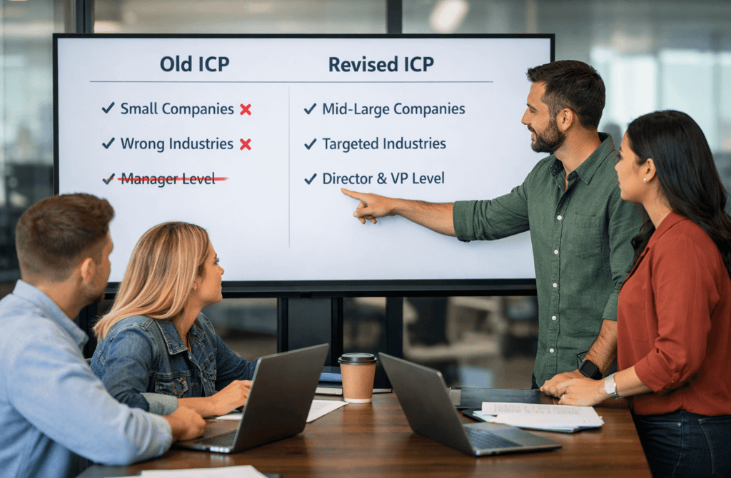 SDR team reviewing and correcting ICP on office screen