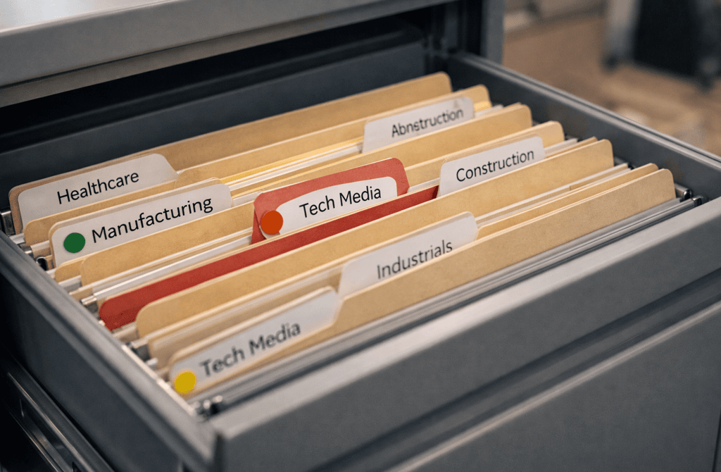 Industry folders with colored risk markers in filing cabinet